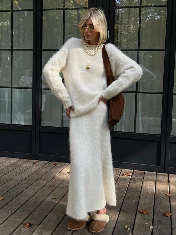 

Leosoxs, зимняя модная шерстяная трикотажная уличная одежда, комплект из 2 предметов, пуловер большого размера, юбка с высокой талией, женская повседневная одежда для отдыха