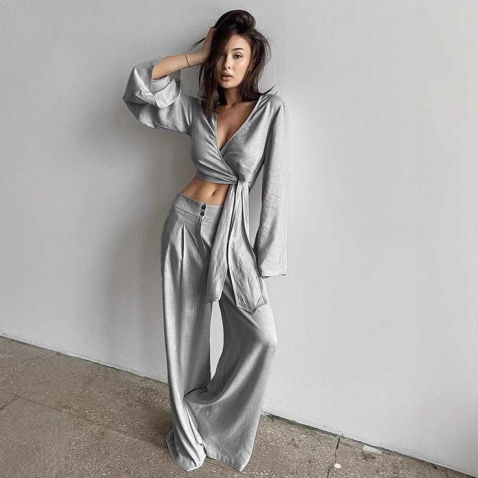 Abito da donna in 2 pezzi autunno grigio con lacci scollo a V manica svasata cardigan da donna a vita media pantaloni lunghi a due bottoni per signora