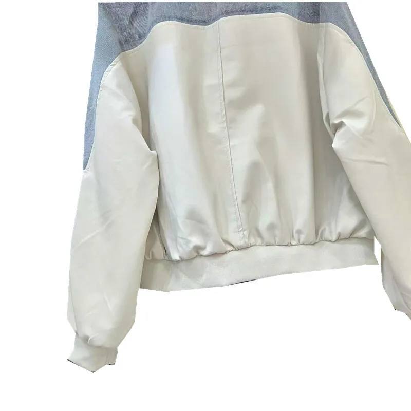 Anjy outono novo casaco feminino denim retalhos contraste cor gola zíper personalidade streetwear chique jaqueta de beisebol a10168