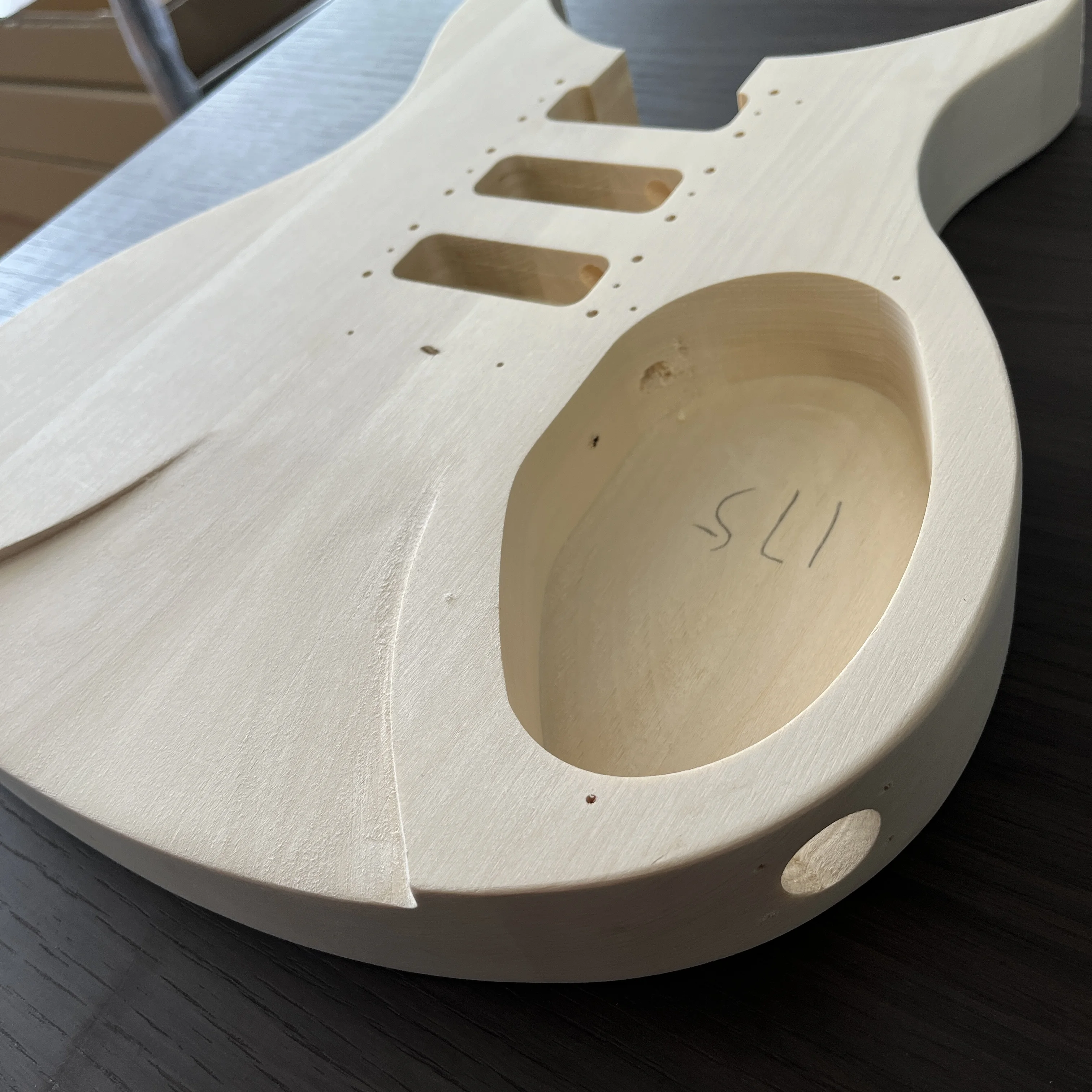US Warehouse Unfinished 325 Unique Shape Electric Guitar Body DIY Guitar Kit Blank Wood Body Three Humbucker Pickup Cavities Teardrop Pickguard Template Poplar Wood Raw Guitar Body In Stock