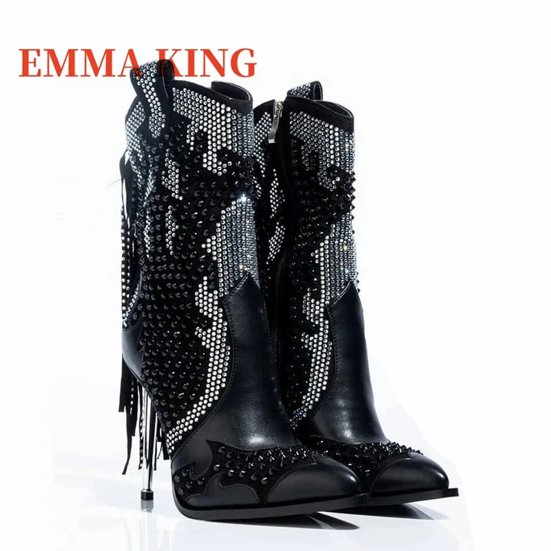 موضة الأسود كريستال هامش حذاء من الجلد مثير أشار تو المعادن أحذية عالية الكعب النساء السيدات الجانب سستة فستان أحذية الشتاء