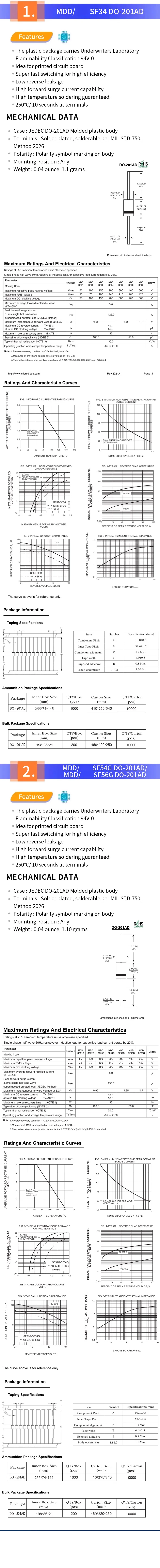 Snvi 10 Stück SF34 SF54G SF56G Superschnelle Gleichrichterdiode DO-201AD Axial Durchsteckmontage Hocheffiziente Leistung – Detail 2