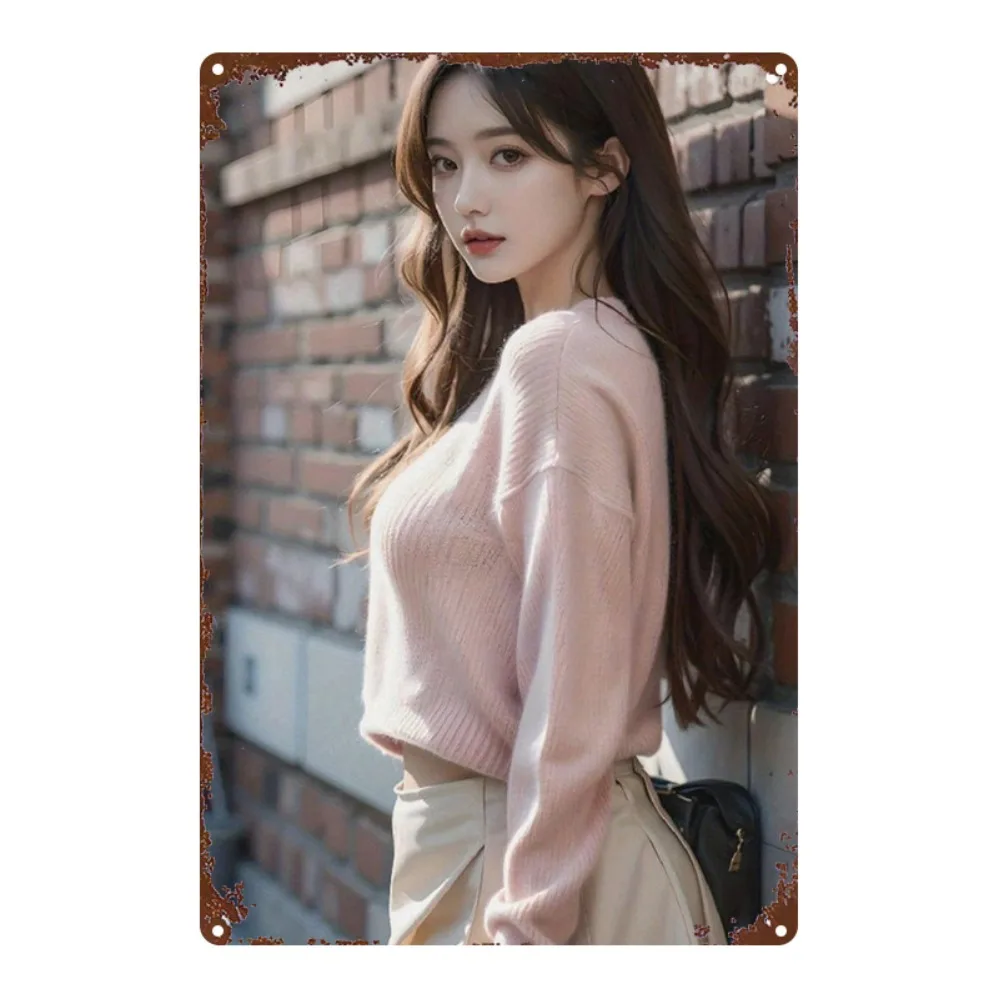 Retro Metal Tin Sign, Beautiful Asian Woman in Pink Knit Sweater and Beige Skirt, Vintage Brick Wall Background Wall Art Deco