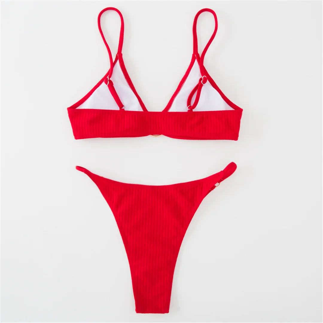 Gerippter Metallring-Bikini, zweiteiliger Damen-Badeanzug, Damen-Badebekleidung, hoch geschnittene Beine, gepolsterter Badeanzug, Badeanzug, Schwimmkleidung V7120 – Detail 38