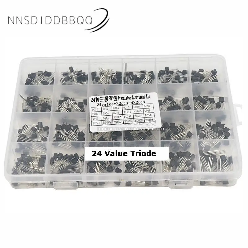 24 Kinds 480PCS TO-92 Triode Transistor Set 8050 8550 3904 5551 5401 C945 549 With Plastic Storage Box Electronic Component