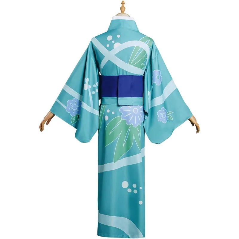 Anime Hashibira Inosuke Cosplay Patterned Blue Kimono Belt Outfit Adult Costume Japanese Uniform Halloween for Women view 3