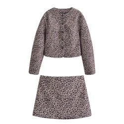 UNIZERA temperament animal print round neck long sleeved jacket, mid waist mini skirt, autumn and winter new women's set