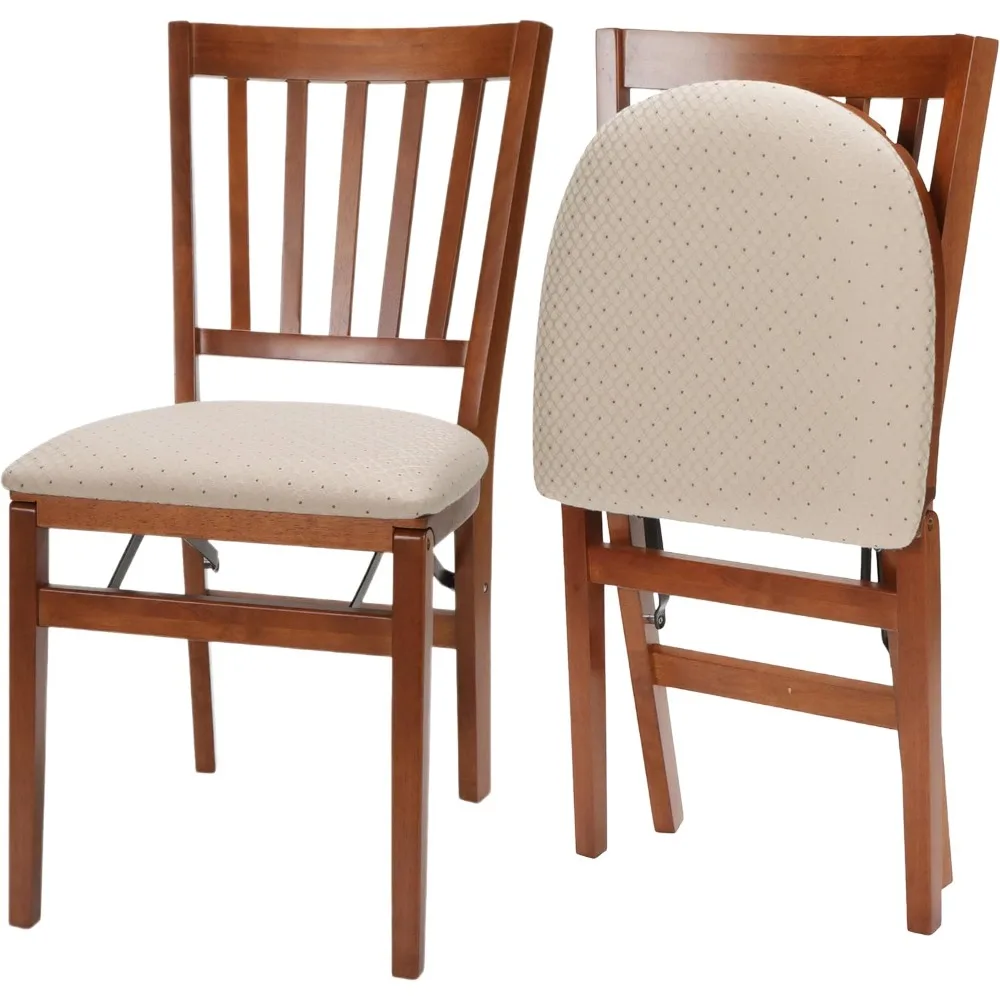 

Stakmore School House Wooden Folding Chairs With Padded Seats, Set Of 2 - No Assembly Foldable Dining Chairs, Steel Folding Mec