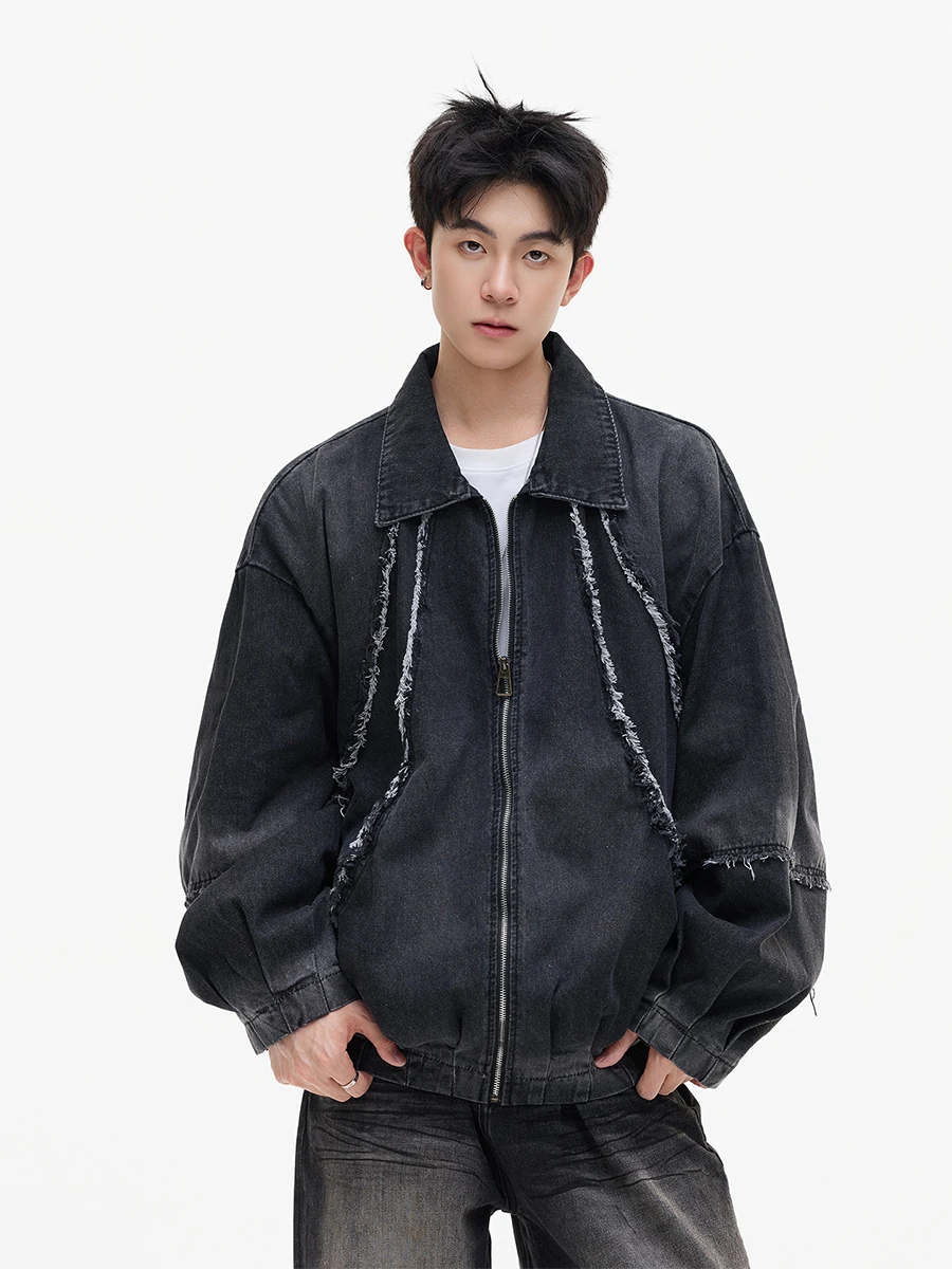 Chaqueta Vaquera Retro Americana para Hombre con Cuello Deshilachado y Estilo Casual para Otoño