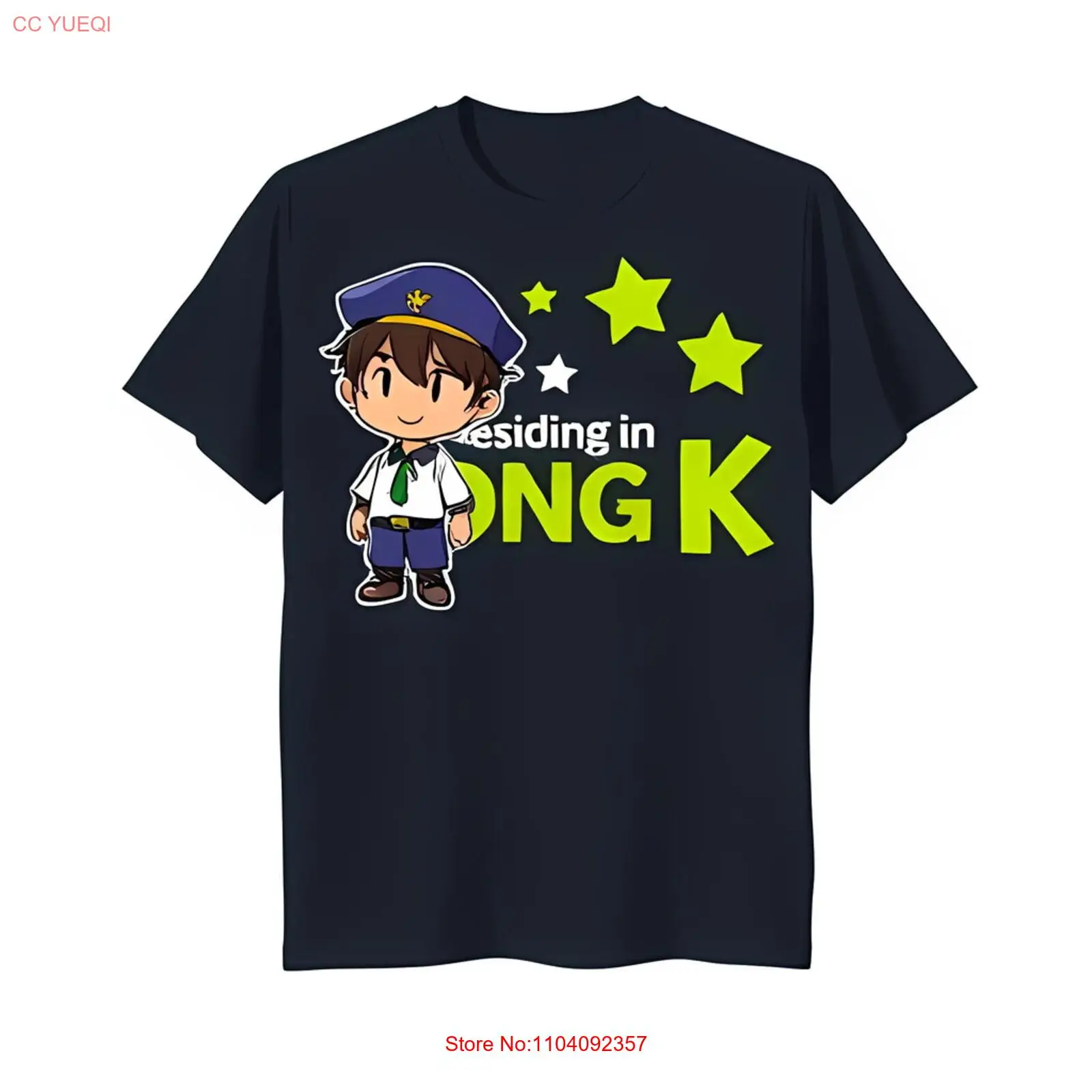 Black T-Shirt with Cartoon Boy in Blue & Green Tie 'Residing in HONG ' Design