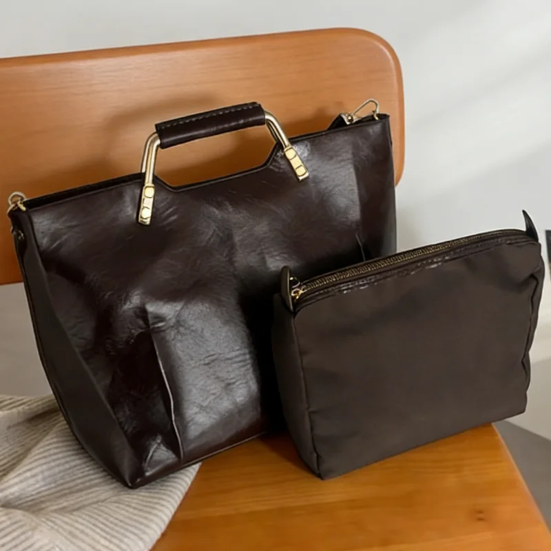 Luxury Brown Briefcase, Women's Shoulder Bag, Top Metal Handle Y2k 2in1 Fashion Tote Bag, Large Capacity Zippered Crossbody Bag