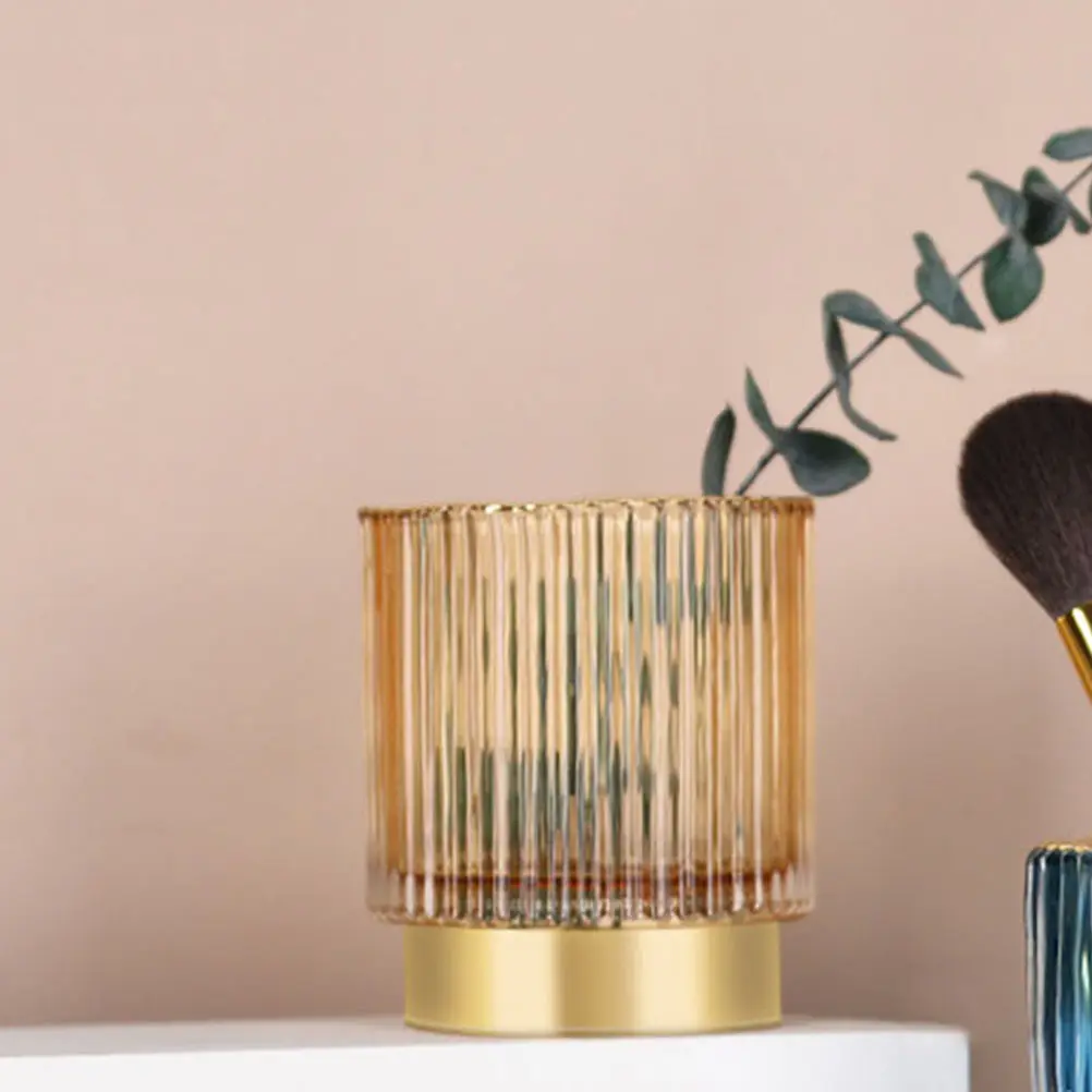 Glass Makeup Brush Holder Thick Striped Cosmetic Organizer Cup for Eyeliner Eyebrow Pencils and Pens