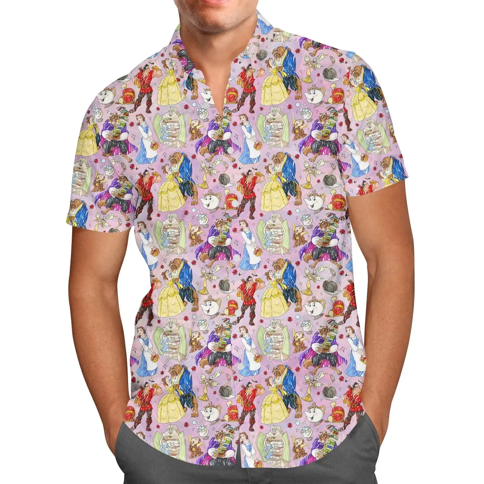 Camisa hawaiana de La Bella y La Bestia para hombre, camisa de manga corta con botones, inspirada en Disney, informal, para playa