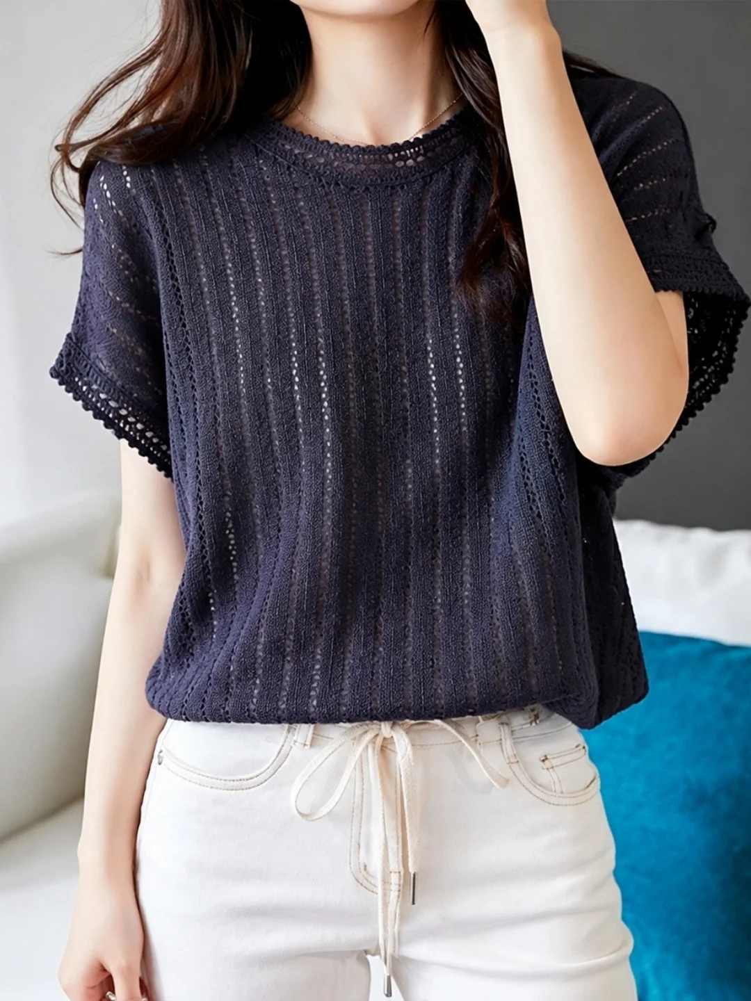 Comfortable Soft Hollow out Short Sleeve Knitwear Women's Fashion Commute Style Korean Version Straight Cut Basic Top