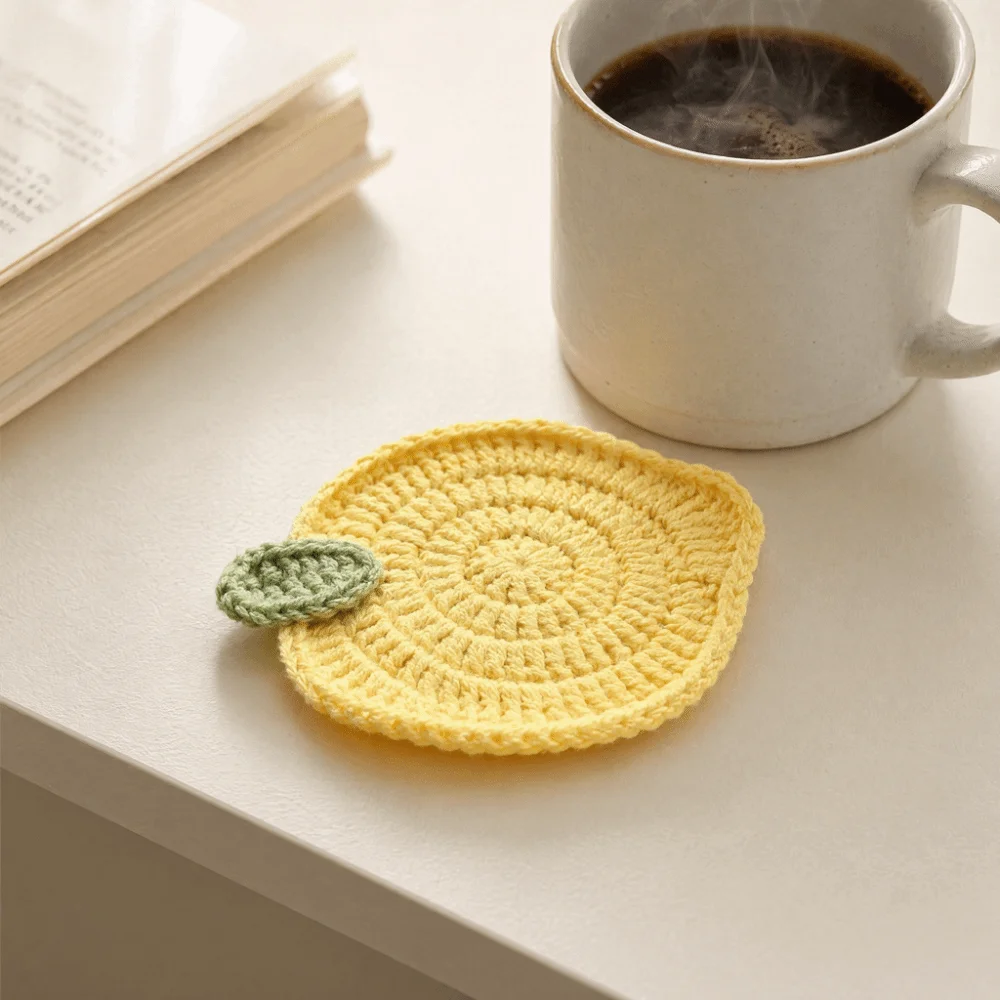 3PCS Portable Heat-insulating Hand-crocheted Lemon Coasters Fruit-themed Non-Slip Cup Mats Handmade Polyester Drink Mats Party