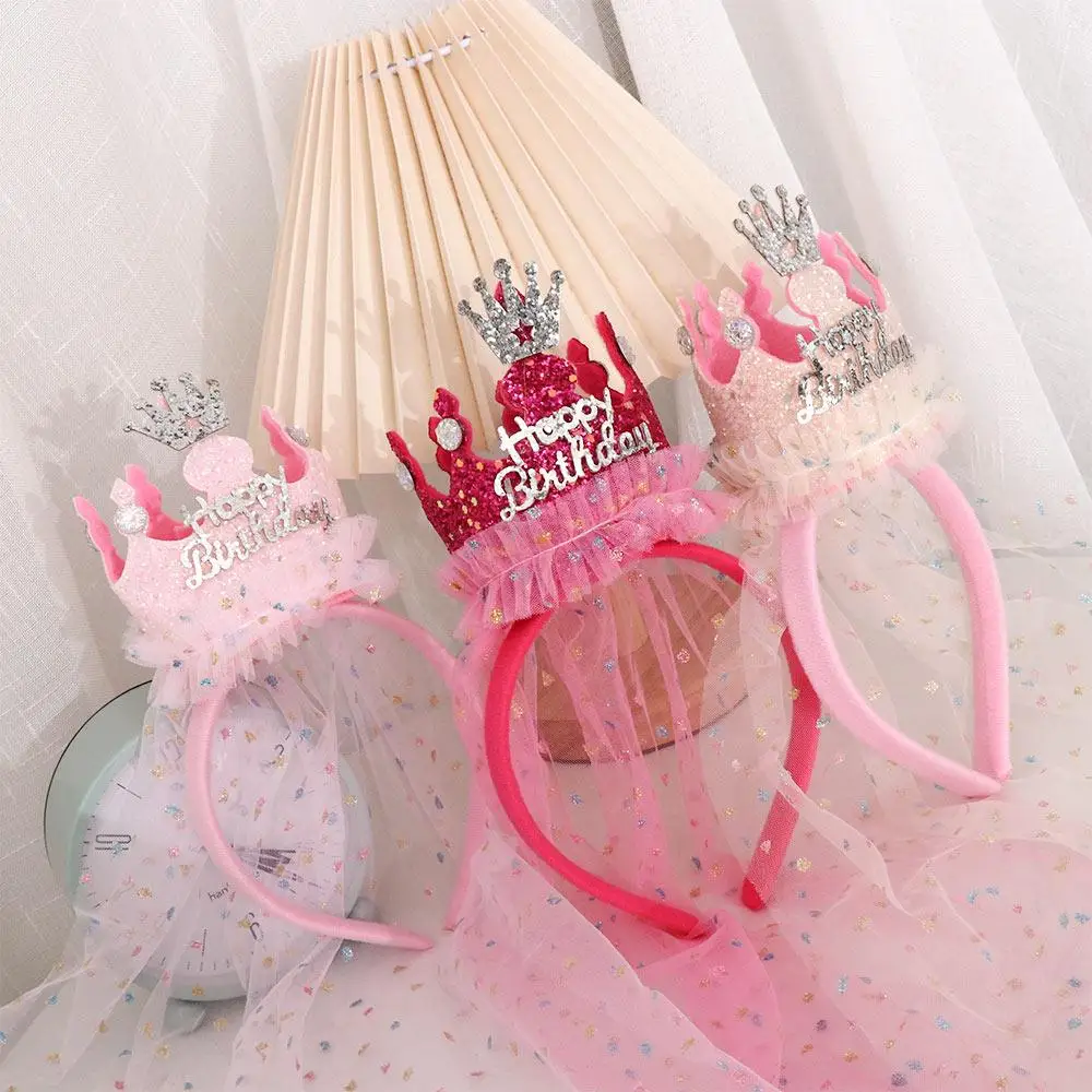 Cute Cone Crown Gauze Headband Girls Princess Birthday Party Headwear Sequin Happy Birthday Hair Hoop Baby Gift Hair Accessories