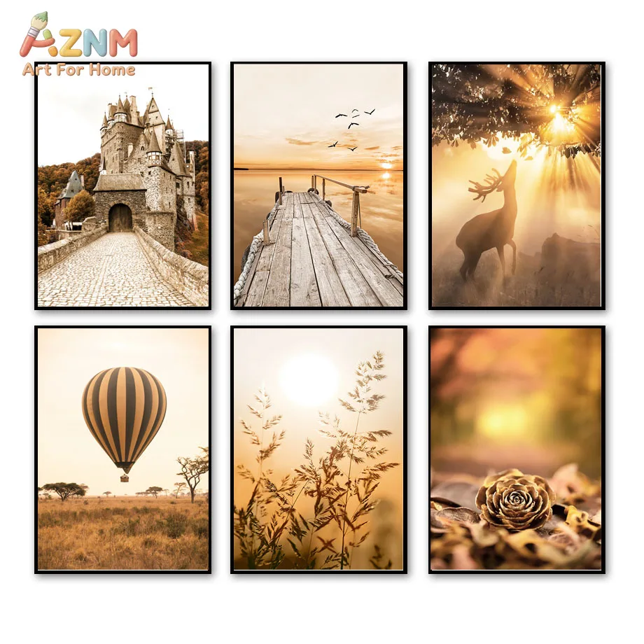 AZNM Warm Golden Nature Canvas Wall Art Castle Deer Hot Air Balloon Lake Wooden Pier Scenery Photograph Print Vintage Living Roo