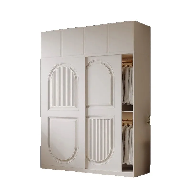French cream wind sliding door wardrobe small economical storage wardrobe solid wood cabinet modern simple style