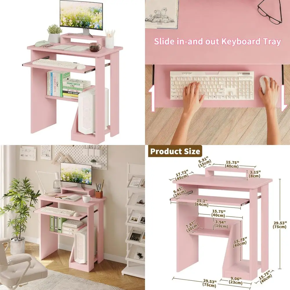 

ALISENED 29.5 Small Pink Computer Desk with Keyboard Tray Monitor Stand, Study Writing Desk with Storage Shelves, Modern Worksta