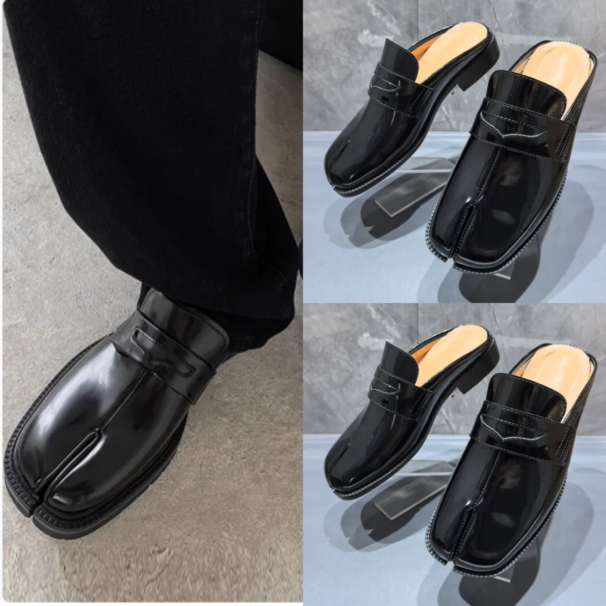 

Black Men Shoes Tabi Toe Leather Shoes Flat Heel Fashion Designer Luxry Band Summer Man Shoes Large Size Leisure Sandals Top