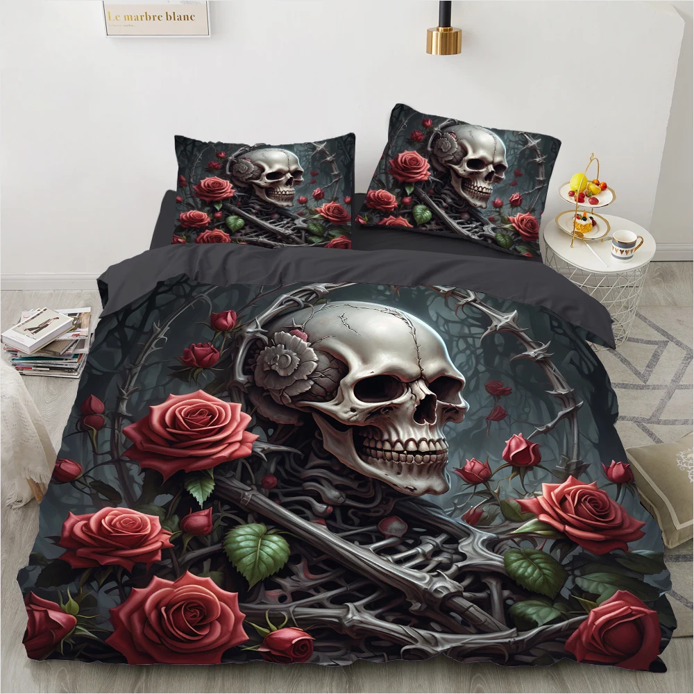 Rose Skeleton Skull Bedding Set Qulit Cover 3d Duvet Cover Gothic Comforter Cover Twin Full Queen King Single Size Halloween