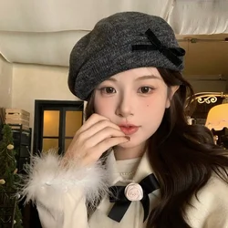 Retro Bow Design Gray Woolen Octagonal Berets Cap for Women Autumn and Winter Travel Versatile Casual Warm Sweet Painter Hat