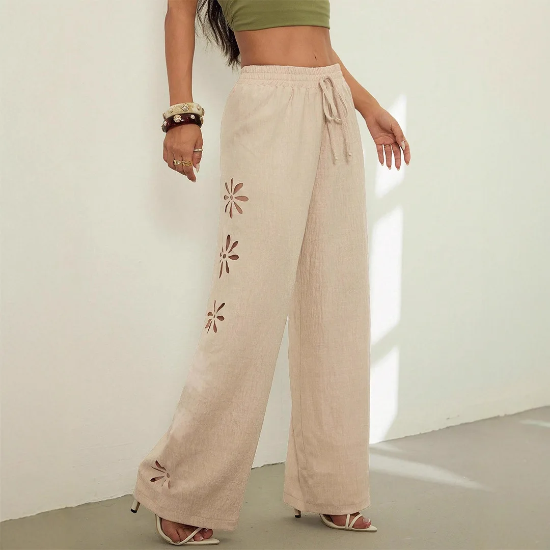 بنطال نسائي عصري عالي الخصر كاجوال مجوف بلون سادة لخريف 2025