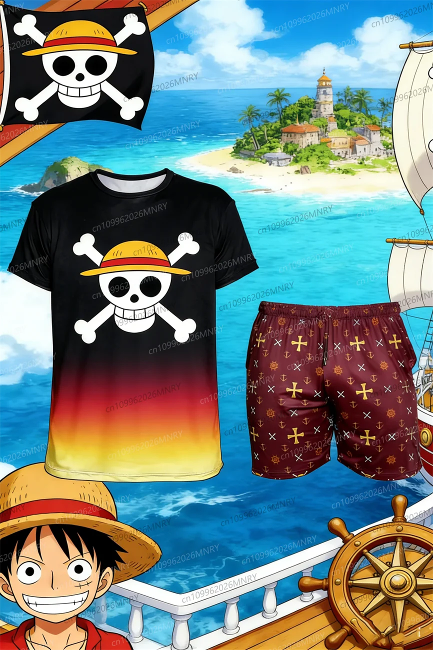 

Luffy Straw Hat Skeleton Element Set Anime Peripheral Men 2 piece set Women's Tracksuit men Children's Short Sleeved Shorts Set