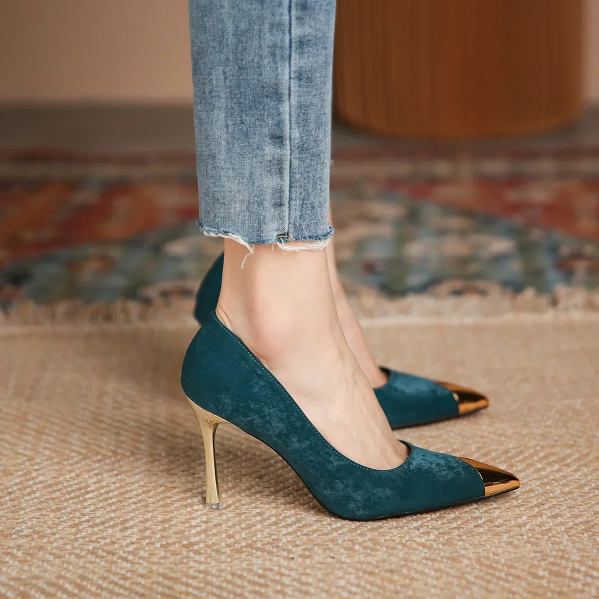 

Size 30-43 Flock High Heel Shoes Women Black Green Heels Pointed Stiletto Sexy Party Shoes