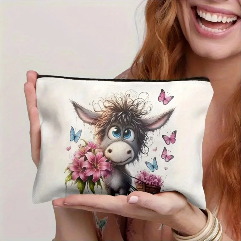 3Pcs Cute Donkey Print Pattern Makeup Bag, Double-Sided Design with Zipper Cosmetic Bag, Perfect for Travel, Perfect Gift