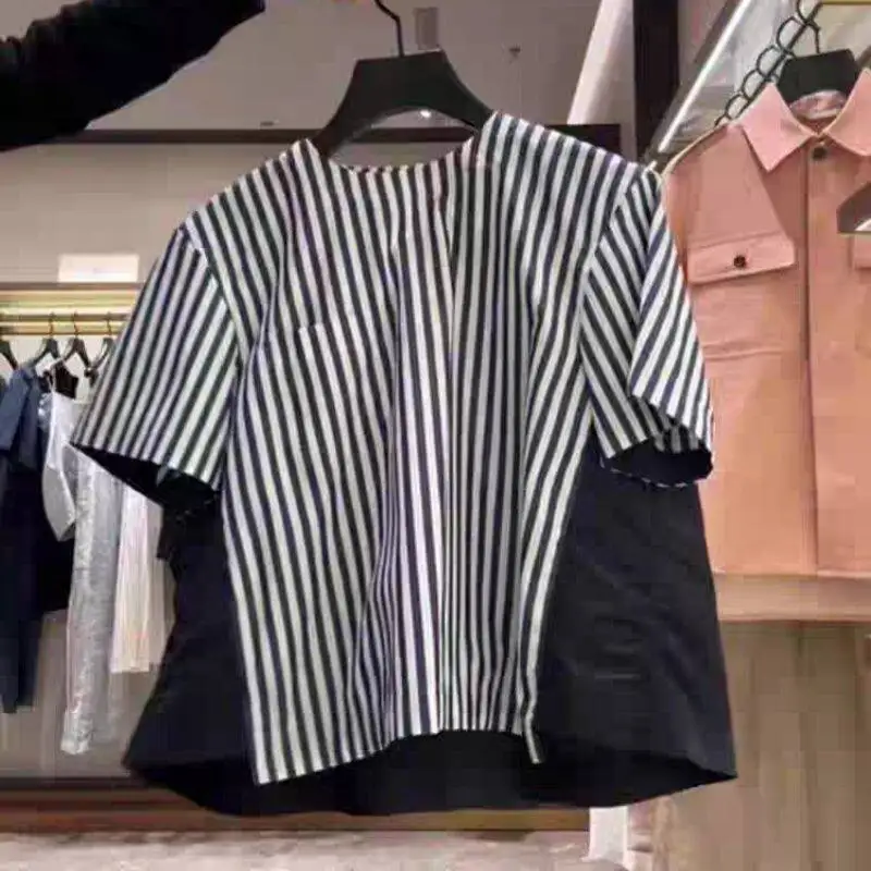 

SAC splicing striped shirt round neck short-sleeved shirt contrasting color T-shirt