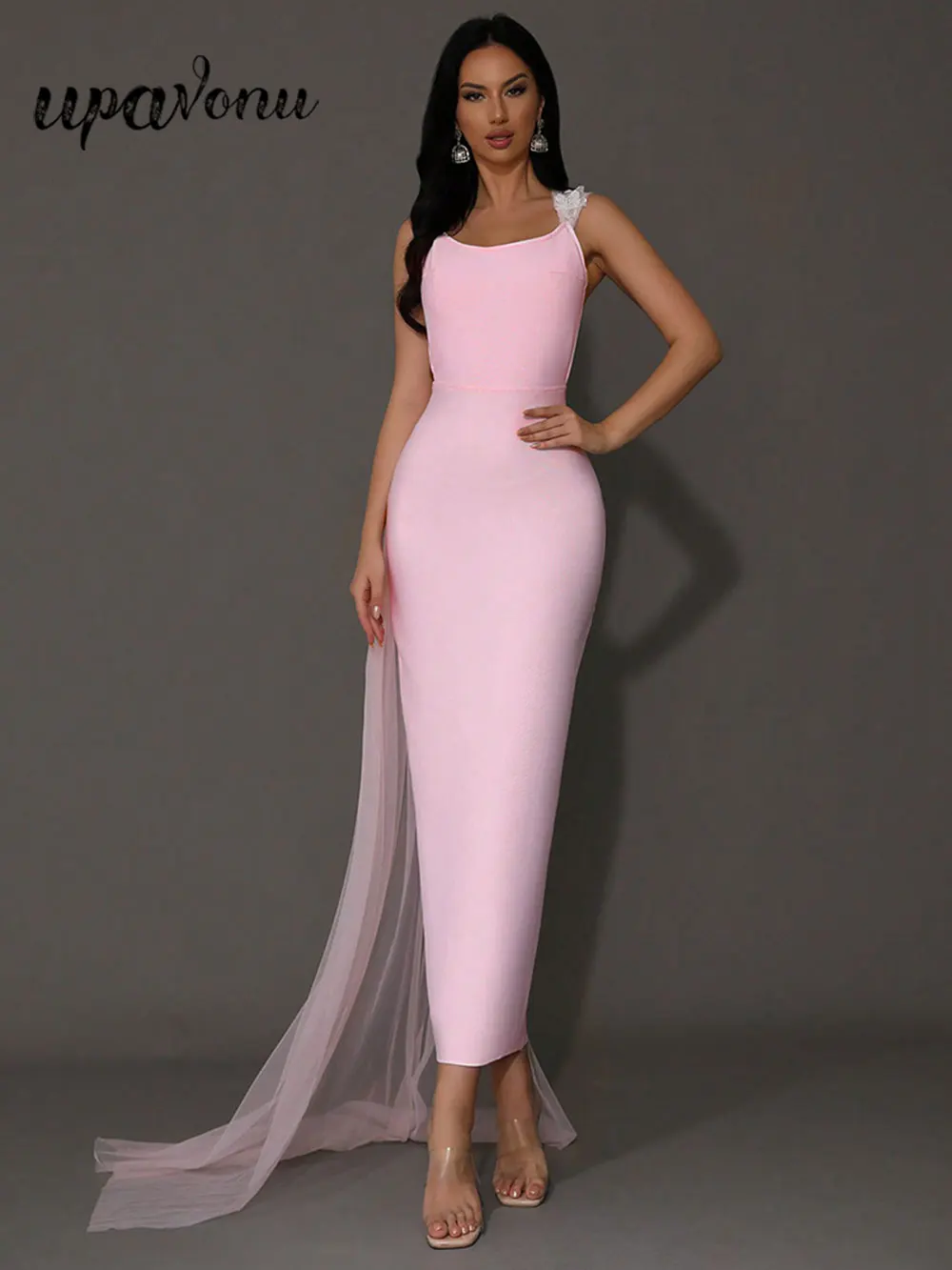 

Sexy Women's Pink Patchwork Bandage Dress Strap Sleeveless Bodycon Bareback Asymmetric Long Dress Cocktail Evening Party Vestido