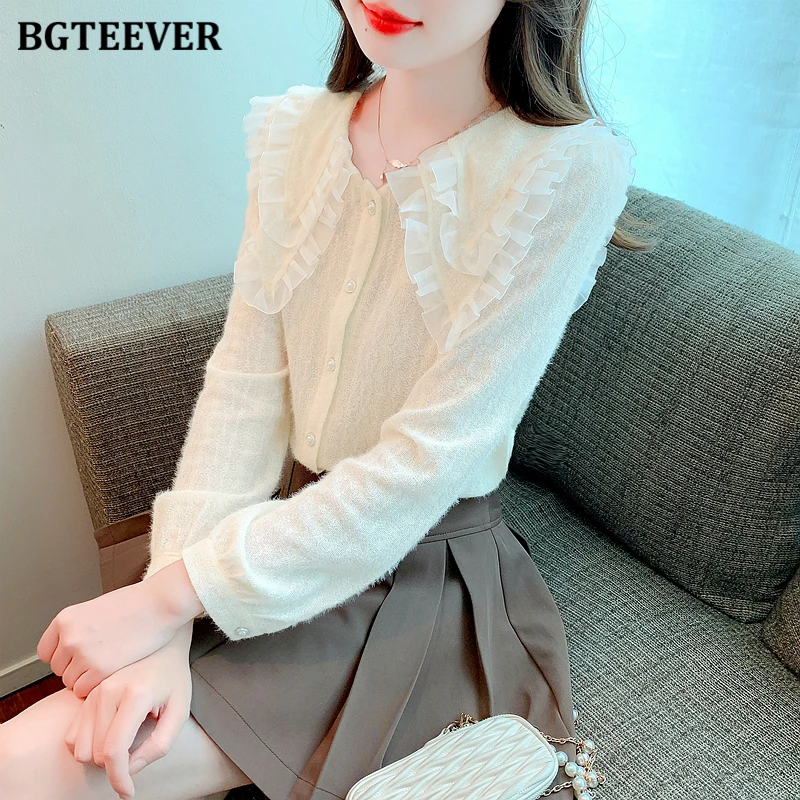 

BGTEEVER Elegant Peter pan Collar Women Solid Lace Shirts Autumn Fashion Long Sleeve Loose Female Single-breasted Chiffon Blouse