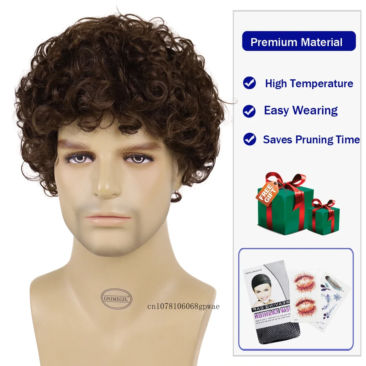 GNIMEGIL Synthetic Short Afro Kinky Curly Wig for Men Brown Hair Wig with Bangs Natural Breathable Clearance Sale Cheap Wig Man