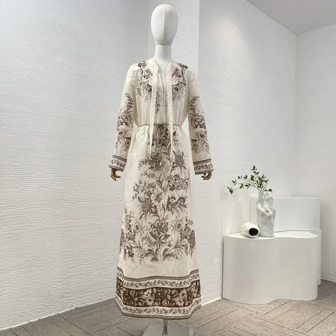 

New Arrivals High Quality Linen Beige Floral Position Print Long Sleeve Belt Women Vintage Midi Dress for Holiday
