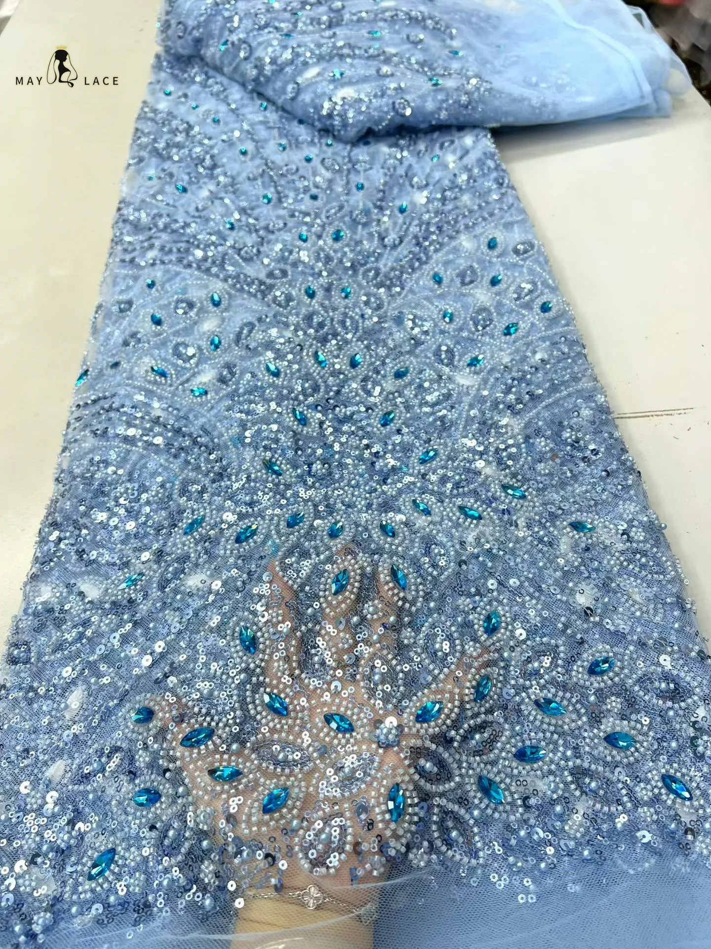 

African Tulle Lace Fabric 2026 High Quality Beaded Nigerian Elegant Embroidery Lace Fabric With Stones Sequin for Party Dress