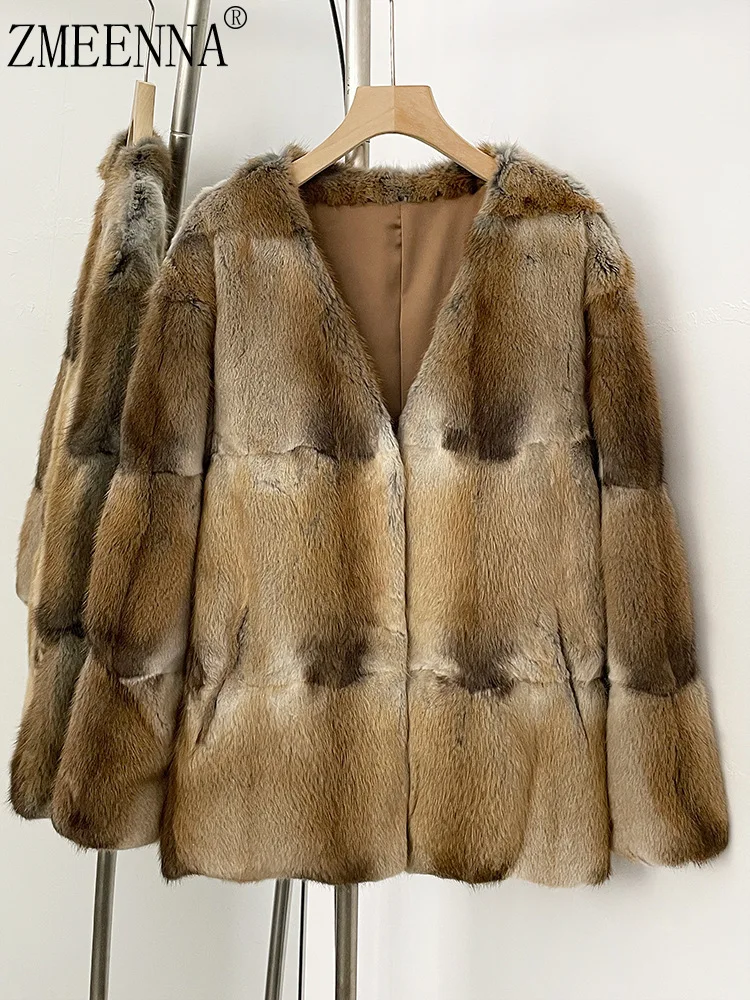 

ZMEENNA Stylish Women's Faux Fur Short Coat In Brown And White Check Elegant And Warm Outerwear Jacket Relaxed ZM3895