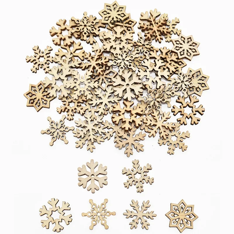 

50Pcs Christmas Natural Wooden Chip Santa Claus Snowflake DIY Crafts Xmas Tree Hanging Ornament Pendant Navidad Home Decorations