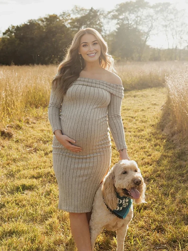 

Fashion Maternity Photography Dress Off Shoulder Knit Bodycon Gown Outdoor Pregnancy Photo Shoot Outfit Maternity Photo Prop