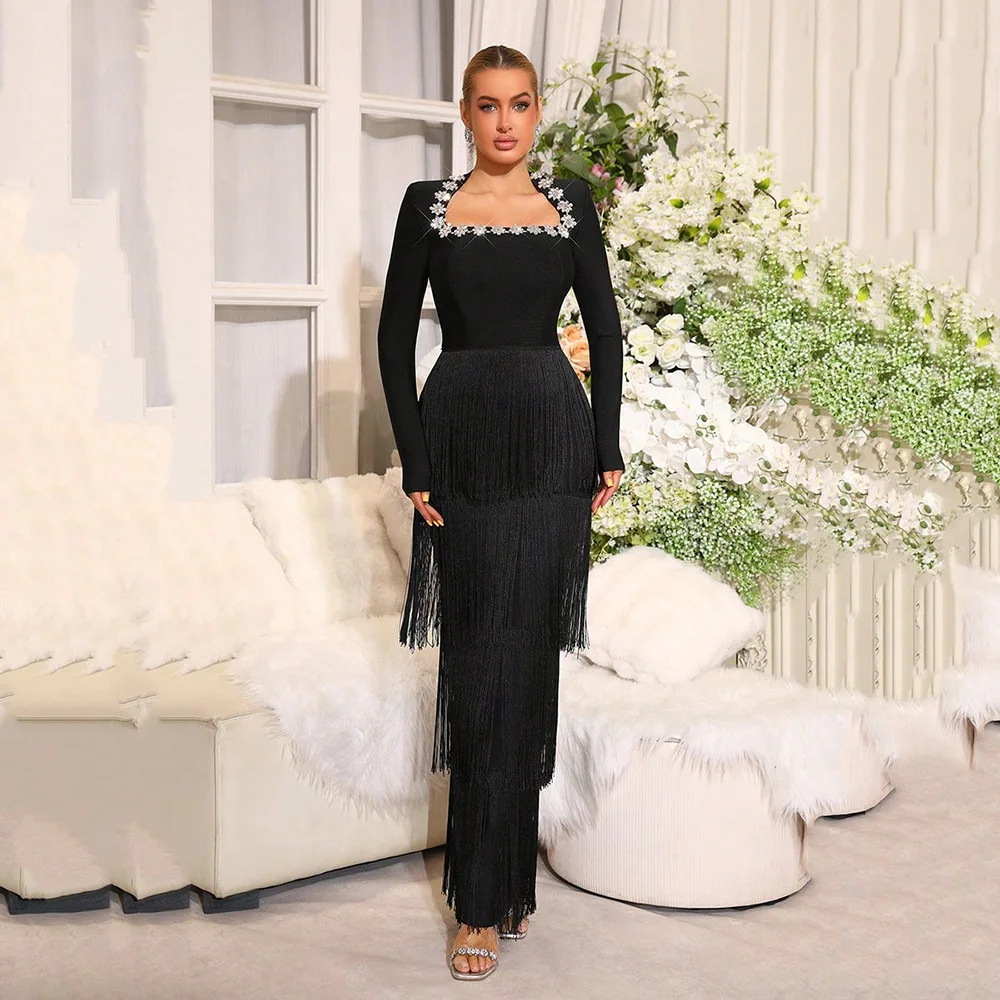 Elegant Long Sleeve Wrap Diamond Embedded Party Dress Square Collar Hight Waist Tassel Trim Slim Cocktail Party Bandage Dress