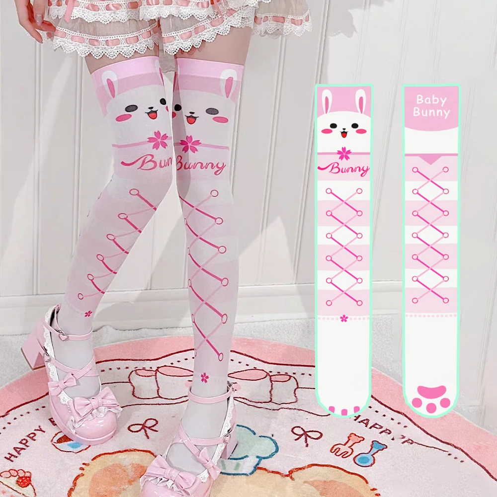 Cute Lolita strawberry pure desire over the knee stockings pink sweet printed two-dimensional soft cute rabbit cartoon stockings
