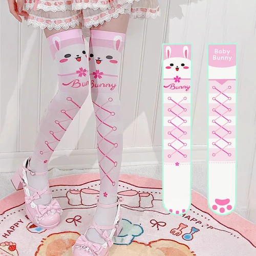 Imagen 2 del producto Lindo Lolita fresa puro deseo sobre la rodilla medias rosa dulce impreso bidimensional suave lindo conejo medias de dibujos animados
