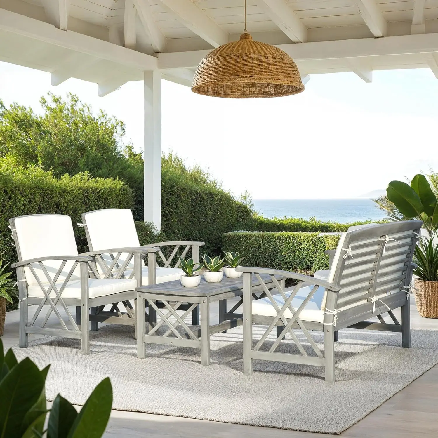 #Outdoor Collection Fontana Grey Wash/ Beige 4-Piece Conversation Patio Set with Cushions, Customized