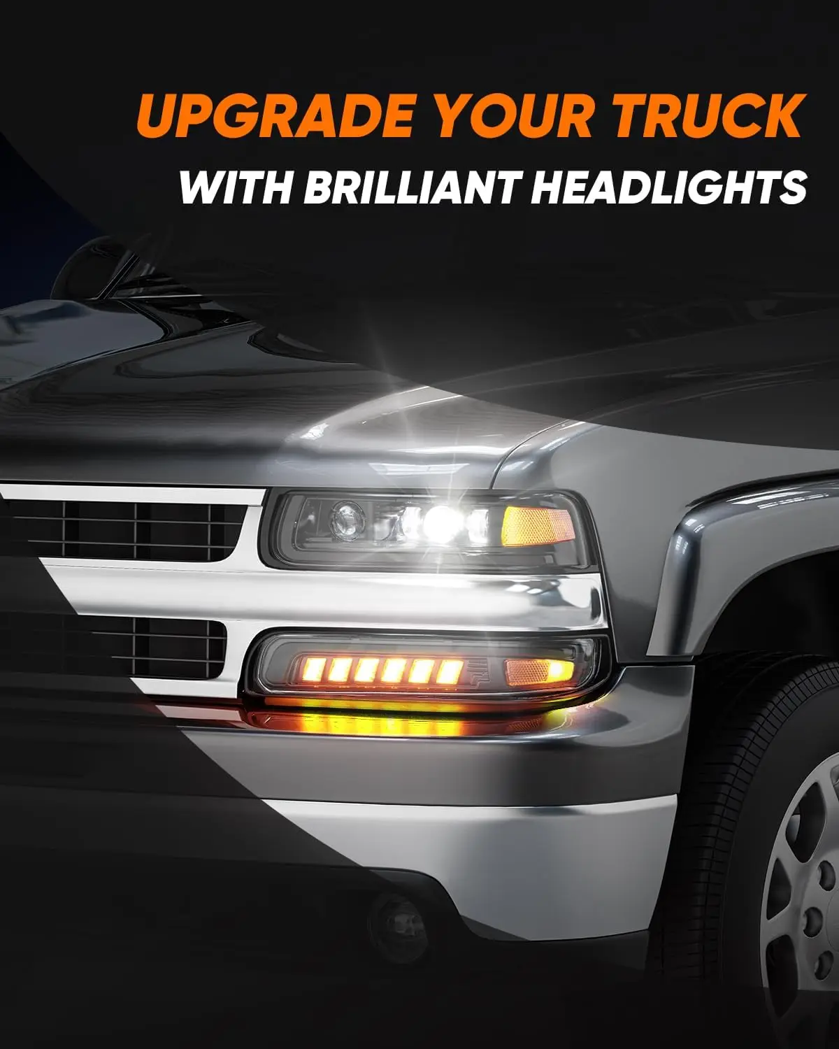 LED Headlights Assembly With Hi/Low Beam Turn Signal Lights Bulbs Compatible with Chevy Suburban Tahoe, Amber Side Marker-NO DRL