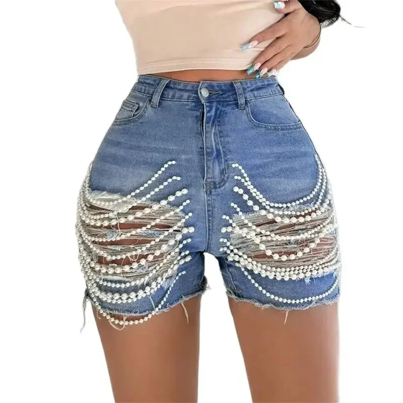 

Women Beading Patchwork Decoration Denim Shorts Summer Hip Lift High Waist Three Quarter Pants Female Commuter Casual Mini Jeans