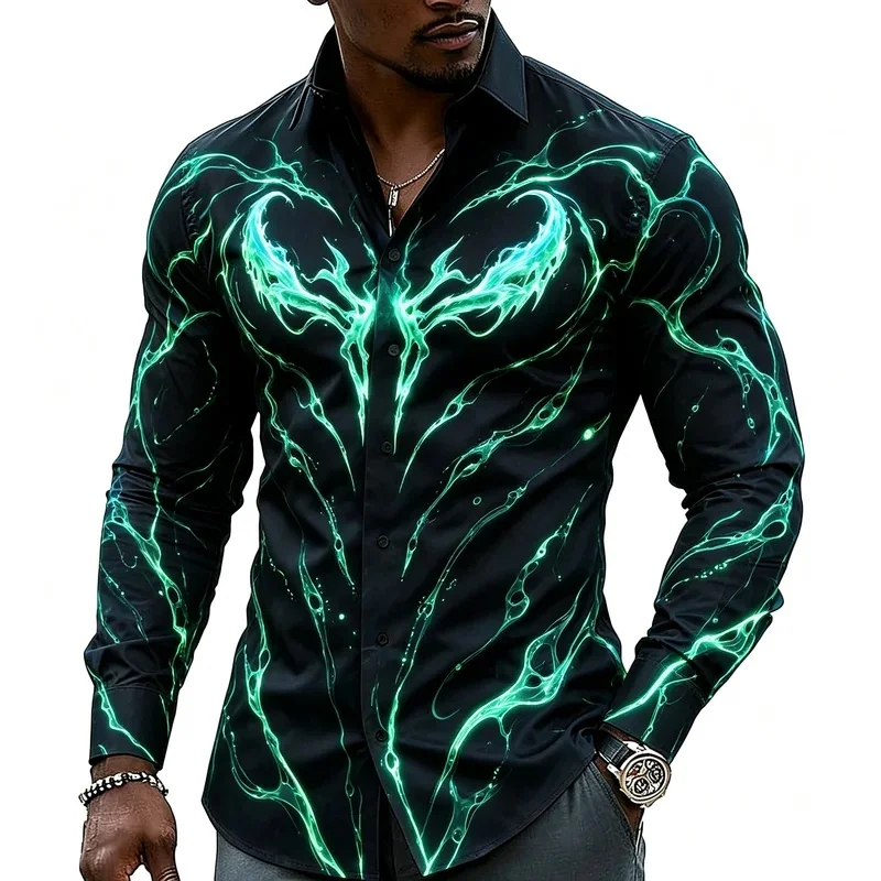 Men's Fiery Flame Graphic Print Long Sleeve Shirt Lapel Collar Button‑Up Tops For Nightclub Festival Street Casual Outfit