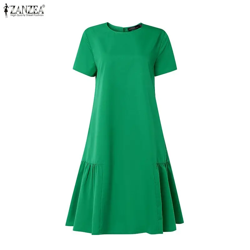 

Летнее платье ZANZEA 2026: женское однотонное элегантное платье с рюшами для работы, стильное повседневное праздничное платье до колен
