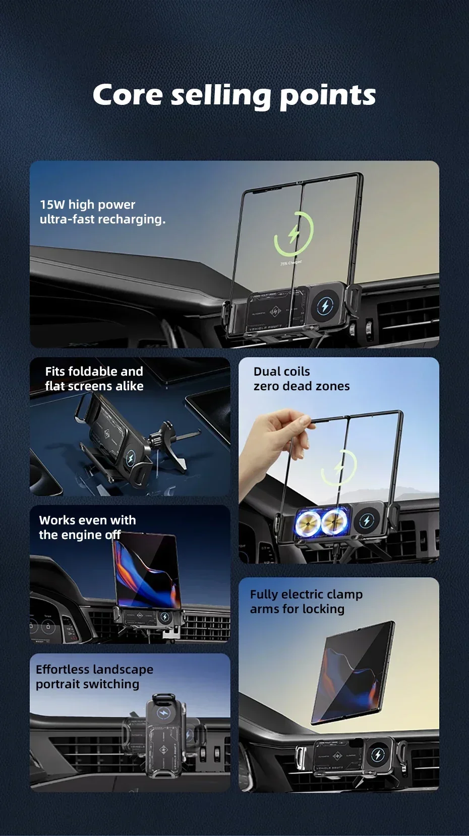Vyvylabs Auto-Handyhalterung 15W Kabelloses Ladegerät Automatische Klemmung 360° ° Drehbare Lüftungshalterung für faltbare Handys und Tablet-Zubehör – Detail 2