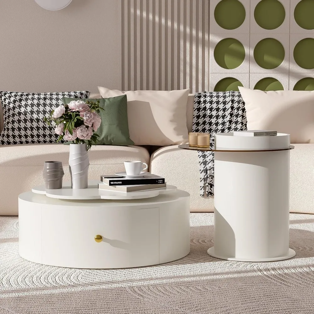 Modern Round Coffee Tables Set with Glass Top, 2 Drawers, 360-Degree Rotatable Living Room Center Tables