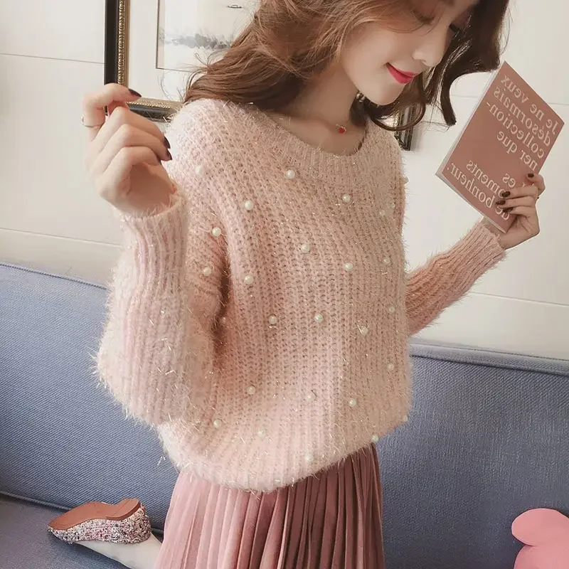 Sweet O-Neck Solid Color Bright Beading Sweaters Women's Clothing 2024  Loose Knitted Casual Pullovers Korean Tops e154